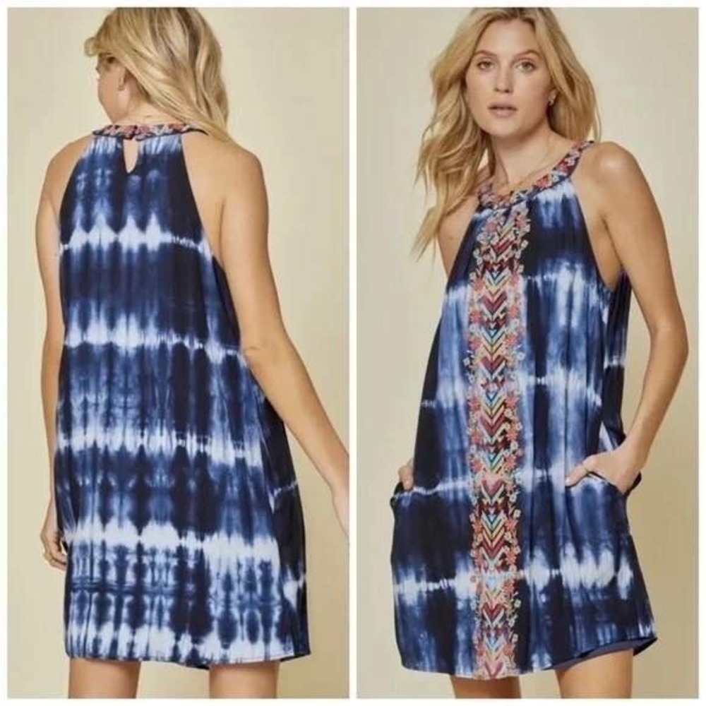 Savanna Jane Tie-Dye Halter Dress Embroidered Floral Sleeveless Mini Dress Sz S